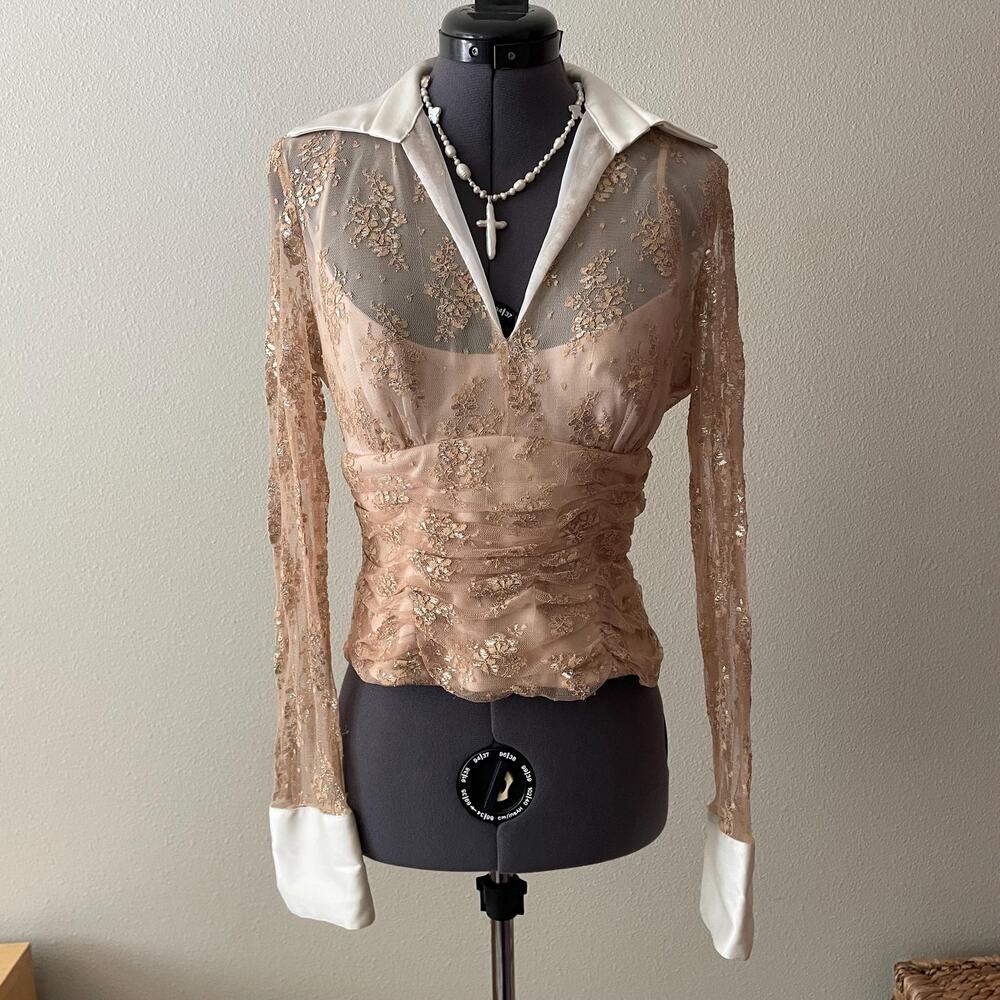 90s vintage gold lace sheer long sleeve collared top glam it girl